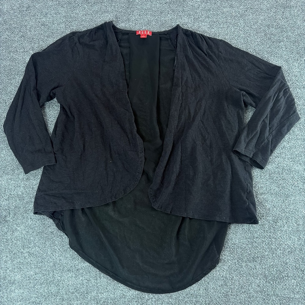 Elle Womens Large Black Open Front Cardigan Mixed Media Sheer Back Tie Detail